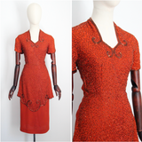 "Pumpkin Spice Beadwork" Vintage 1940's Pumpkin Crepe Silk & Bronze Beaded Peplum Dress UK 8 US 4