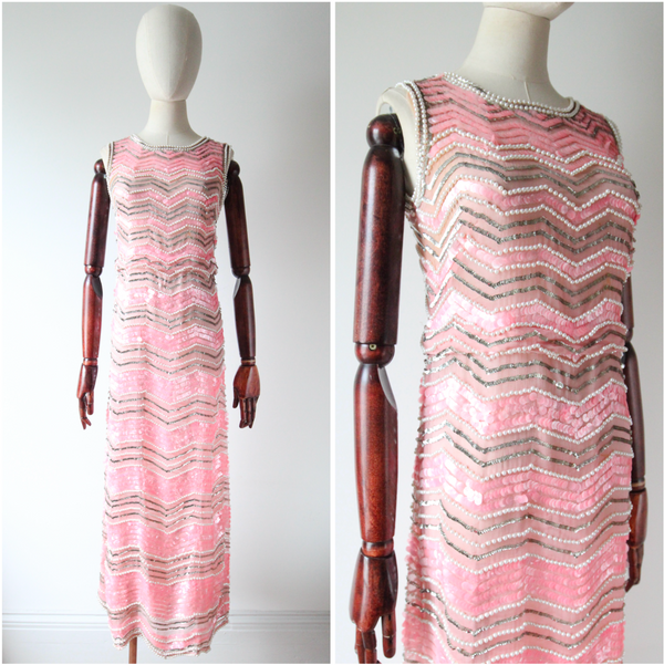 "Pearlescent Pink Sequins & Pearls" Vintage 1960's Pink & Pearl Silk Organza Beaded Dress UK 8-10 US 4-6