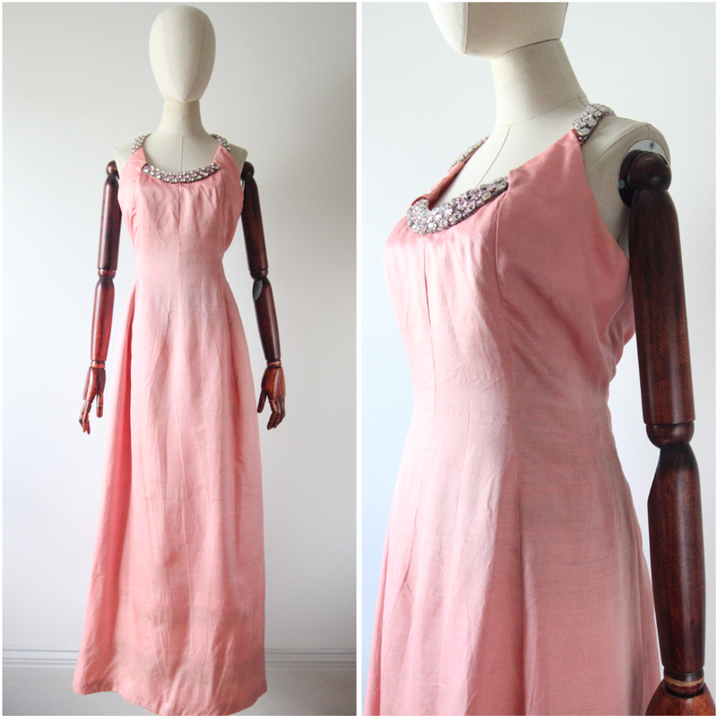 "Perfectly Pink Dior" Vintage 1960's Christian Dior Pink Silk & Rhinestone Gown UK 10-12 US 6-8