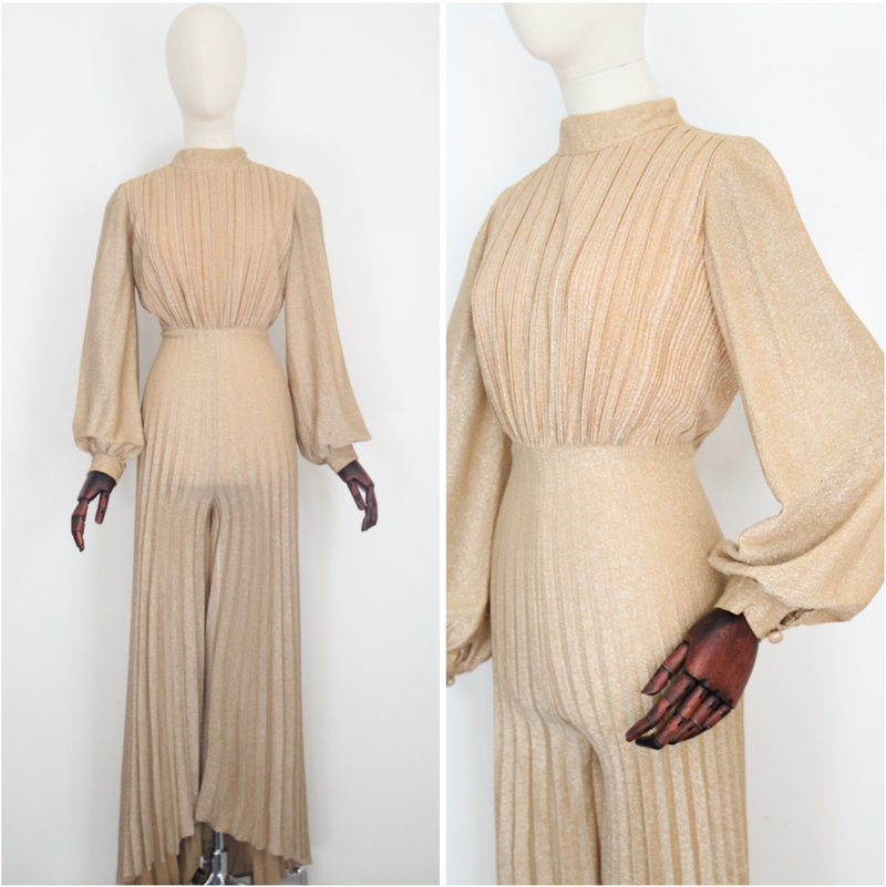 "Gold Pleated Lurex" Vintage 1960's Gold Pleated Lurex Jumpsuit UK 10 US 6