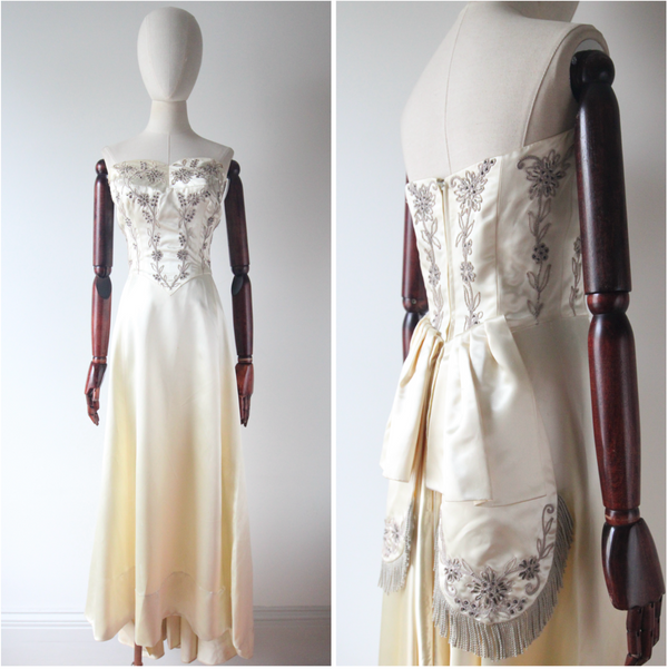 "Soutache Florals & Satin" Vintage 1950's Frank Starr Ted Shore Gown UK 6-8 US 2-4