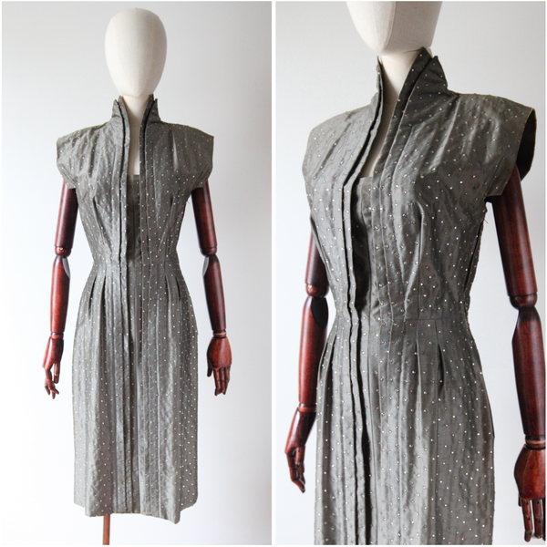 "Rhinestone Trigère" Vintage Late 1940's Pauline Trigère Grey Silk Rhinestone Embellished Dress UK 8 US 4