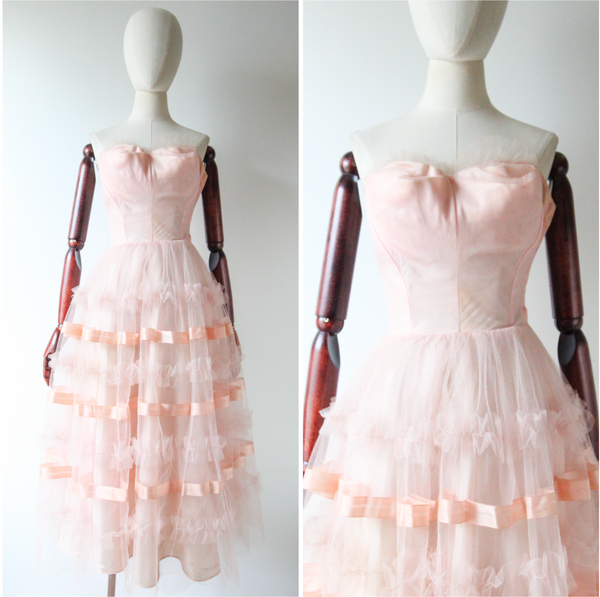 "Pink Ribbon & Tulle" Vintage 1950's Ballerina Pink Tulle & Ribbon Detail Dress UK 6 US 2