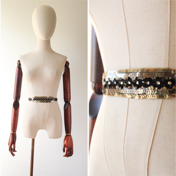 "Rhinestone & Sequin Daisies" Vintage 1920's Rhinestone & Sequin Embellished Belt UK 10 US 6