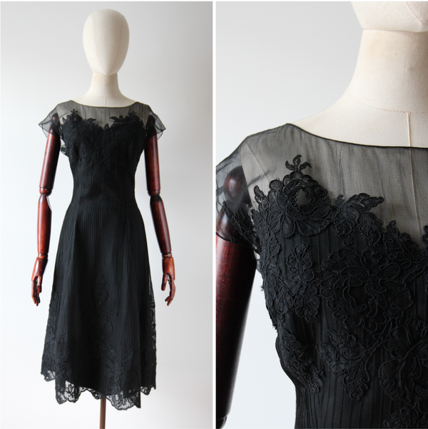 "Black Chiffon & Chantilly Lace" Vintage 1950's Black Silk Chiffon & Chantilly Lace Couture Dress UK 12 US 8