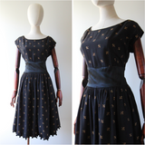 "Golden Bows" Vintage 1950's Gold Lurex Bow Embroidered Dress UK 12 US 8