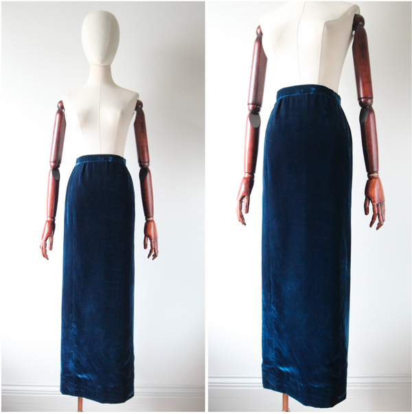 "Prussian Blue Velvet" Vintage 1960's Prussian Blue Velvet Maxi Skirt UK 8-10 US 4-6