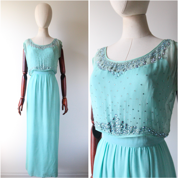 "Tiffany Blue & Glass Droplets" Vintage 1960's Tiffany Blue Silk Chiffon Rhinestone Evening Dress UK 8 US 4