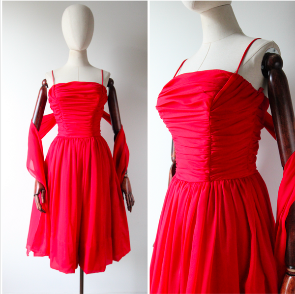 "A Vision in Red" Vintage 1950's Red Pleated Sash Cocktail Dress UK 8 US 4