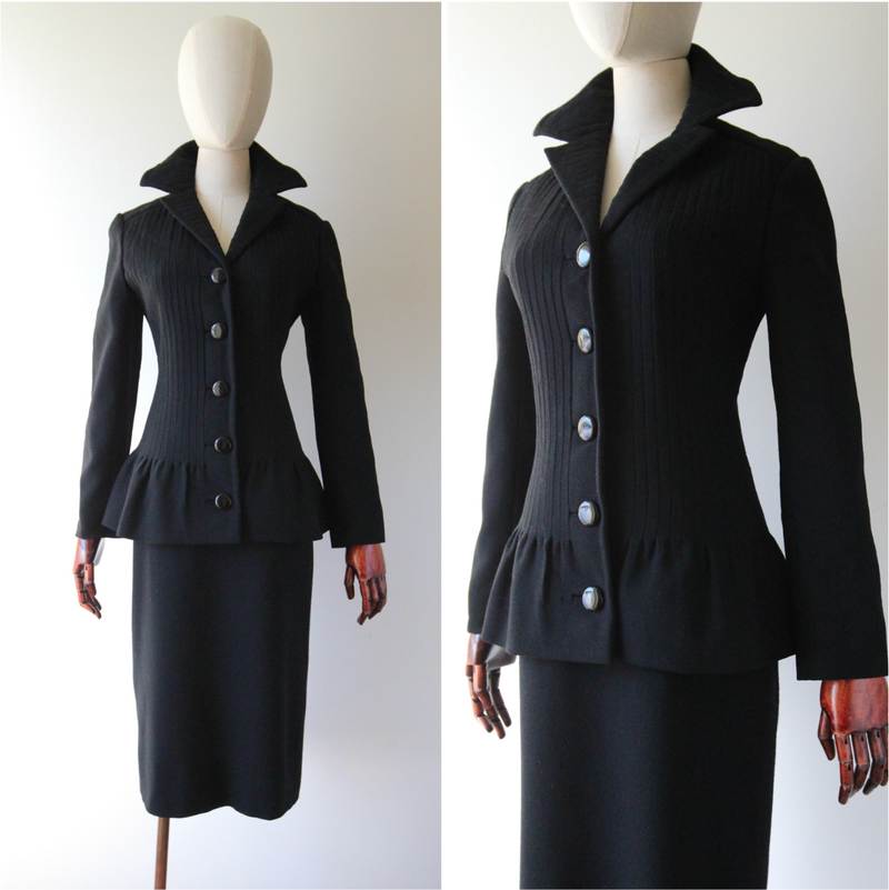 "Pierre Cardin" Vintage 1960's Black Pleated Wool Pierre Cardin Skirt Suit UK 12 US 8