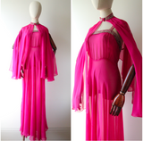 "Fuchsia Pink & Rhinestones" Vintage 1930's Fuchsia Pink Silk & Rhinestone Embellished Gown & Cape UK 6 US 2