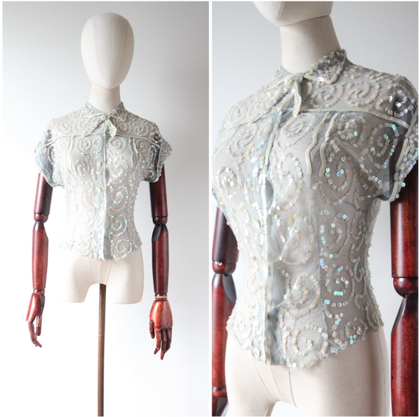 "Ice Blue Sequins" Vintage 1930's French Ice Blue Sequin & Tulle Blouse  UK 8-10 US 4-6