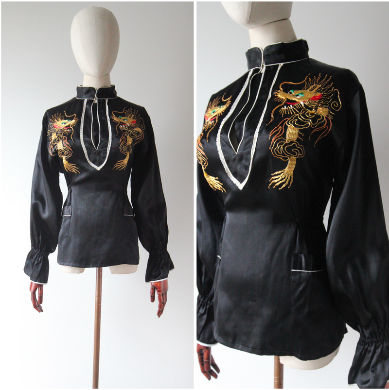 "Gold Dragons" Vintage 1950's Black Rayon Satin Gold Dragon Embroidered Blouse UK 12 US 8