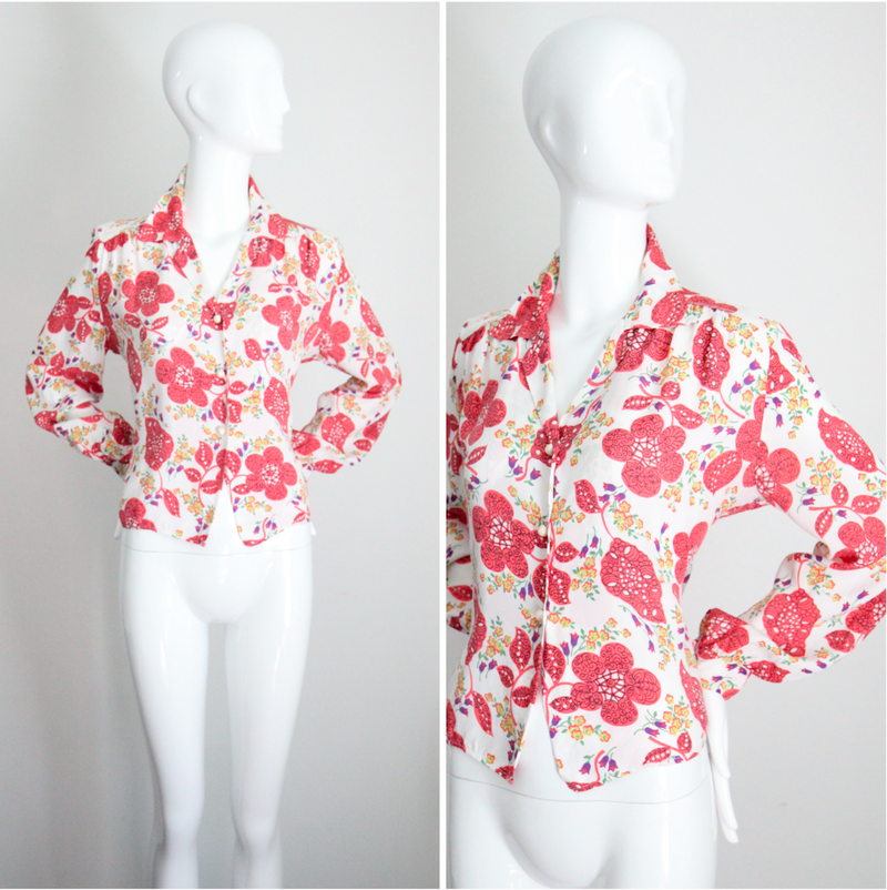 "Coral Florals" Vintage 1940's Floral Rayon Blouse UK 12-14 US 8-10