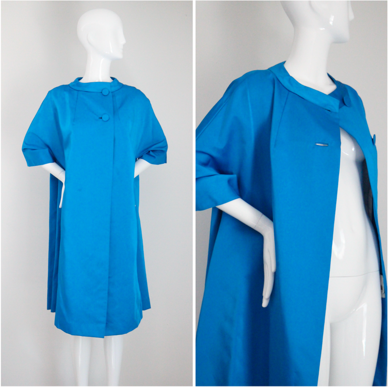 "Electric Cobalt" Vintage 1960's Electric Cobalt Blue Satin Neiman Marcus Duster Coat UK 10-14 US 6-10