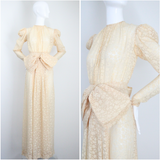 "Scattered Petals" Vintage 1930's Buttercream Burnout Silk Bow Dress UK 10 US 6