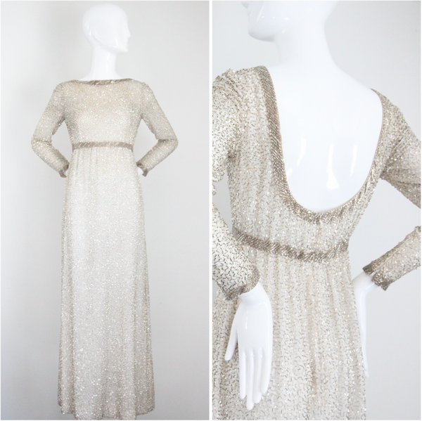 "Silver Beadwork" Vintage 1960's Silver Glass Beaded Evening Dress UK 8 US 4