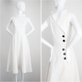 "White Cotton Brocade" Vintage 1950's White Cotton Brocade Cross Over Dress UK 8 US 4