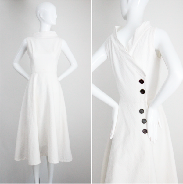"White Cotton Brocade" Vintage 1950's White Cotton Brocade Cross Over Dress UK 8 US 4
