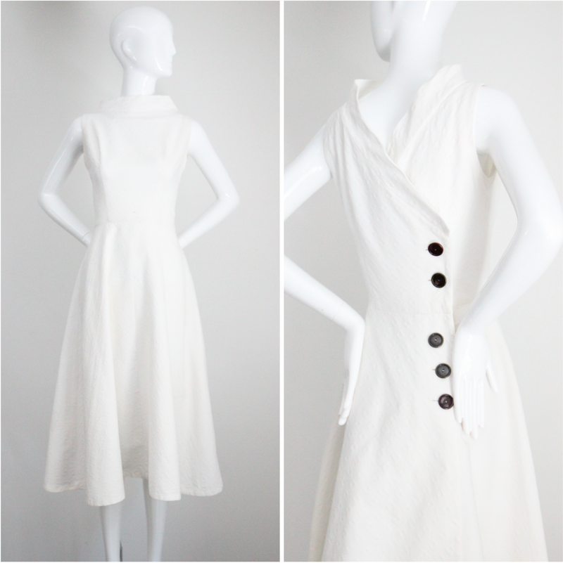 "White Cotton Brocade" Vintage 1950's White Cotton Brocade Cross Over Dress UK 8 US 4