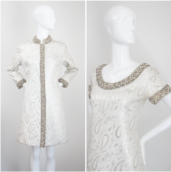 "Silver Paisley & Pearls" Vintage 1960's Beaded Silver Paisley Brocade Dress & Coat Ensemble UK 8 US 4