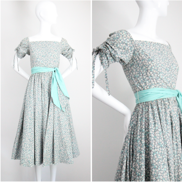 "Meadow Blooms" Vintage 1950's Blue Floral Full Circle Dress UK 8 US 4