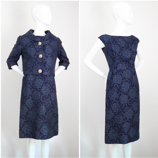 "Blooming Brocade" Vintage 1960's Christian Dior Navy Floral Brocade Dress & Jacket Ensemble UK 8 US 4