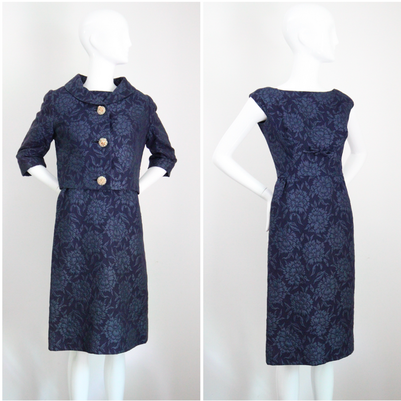 "Blooming Brocade" Vintage 1960's Christian Dior Navy Floral Brocade Dress & Jacket Ensemble UK 8 US 4