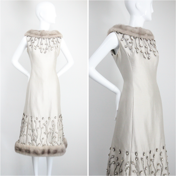 "Silver Silk & Rhinestones" Vintage 1960's Shantung Silk & Beadwork Cocktail Dress UK 10-12 US 6-8