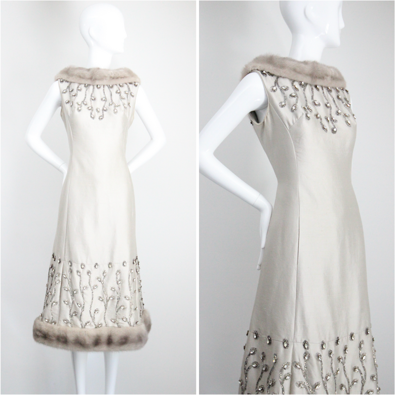 "Silver Silk & Rhinestones" Vintage 1960's Shantung Silk & Beadwork Cocktail Dress UK 10-12 US 6-8