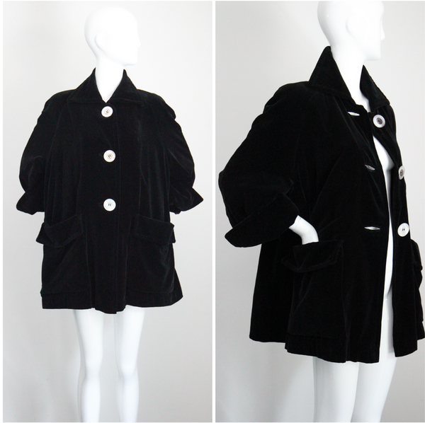 "Black Velvet & Pearl Buttons" Vintage 1940's Black Velvet Swing Coat UK 14-16 US 10-12