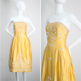 "Embroidered Bells" Vintage 1950's Satin Embroidered Strapless Dress UK 6-8 US 2-4