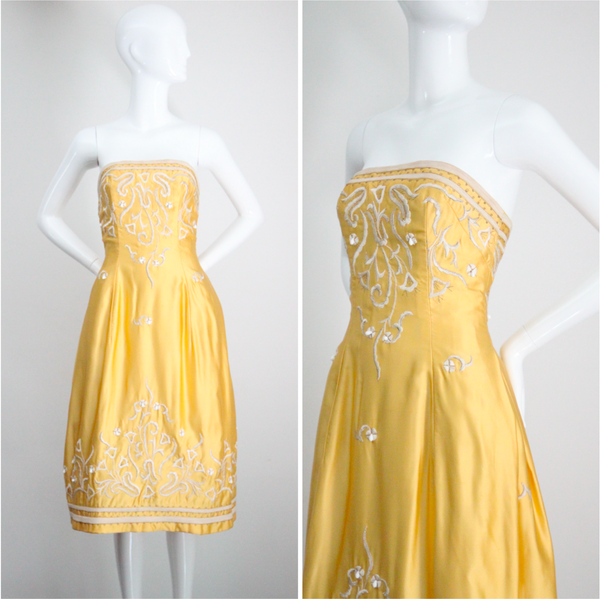 "Embroidered Bells" Vintage 1950's Satin Embroidered Strapless Dress UK 6-8 US 2-4