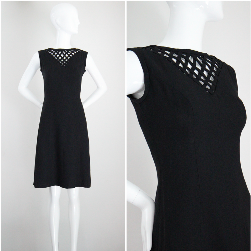 "Lattice Neckline" Vintage 1960's Black Lattice Neckline Dress Petite UK 8 US 4