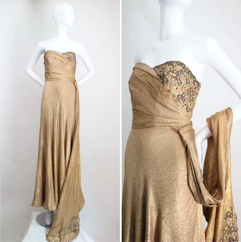 "Draped Gold Lamé" Vintage 1930's Gold Silk Lamé & Beadwork Gown UK 10 US 6