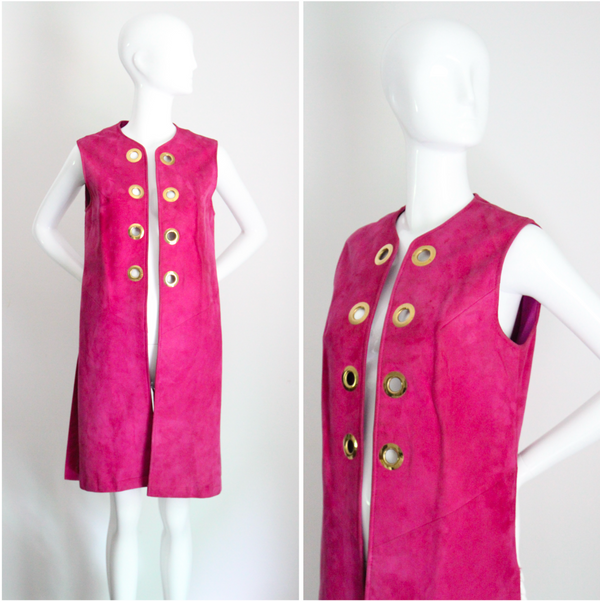 "Magenta Suede" Vintage 1960's Magenta Suede Longline Eyelet Waistcoat UK 10-12 US 6-8