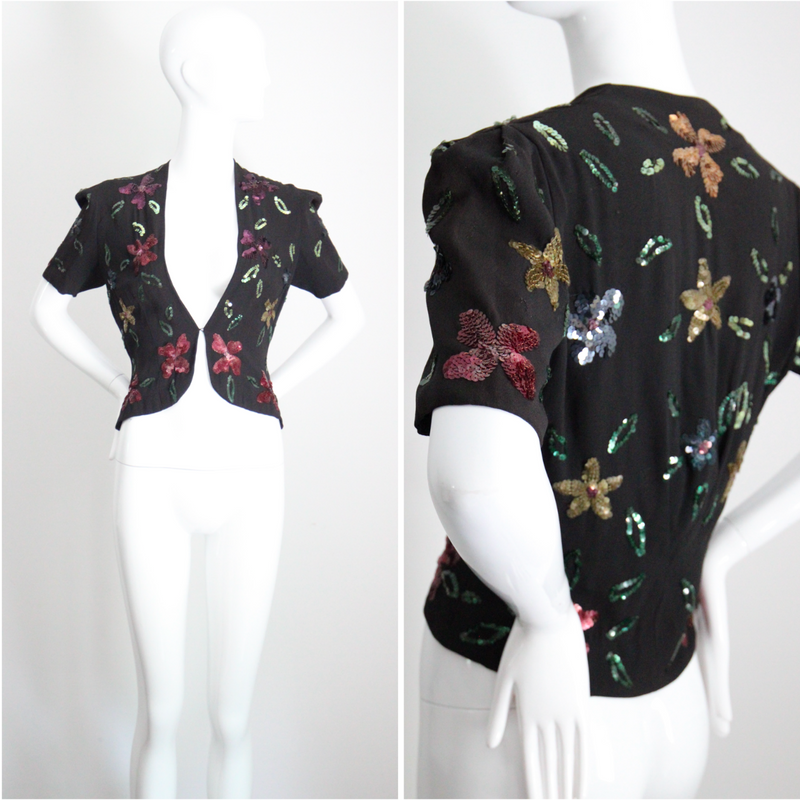 "Sequin Florals" Vintage 1940's Black Rayon & Sequin Jacket UK 8-10 US 4-6