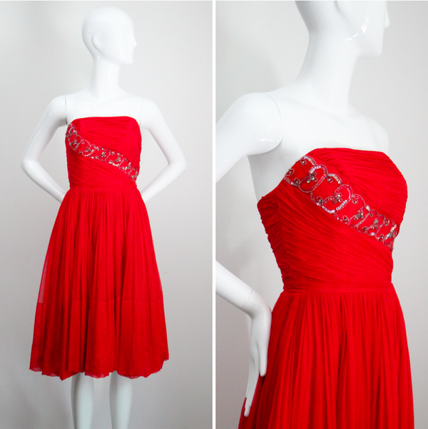 "Ruby Silk Chiffon" Vintage 1950's Silk Chiffon & Sequin Strapless Cocktail Dress UK 4-6 US 0-2