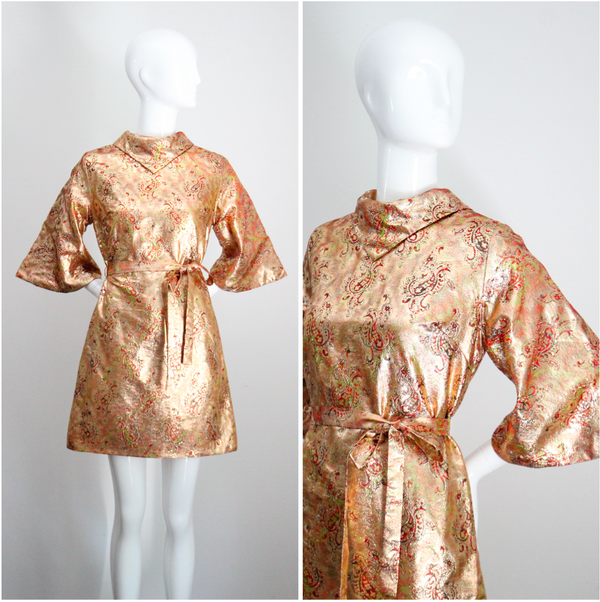 "Golden Paisley Lurex" Vintage 1960's Golden Paisley Lurex Dress UK 12 US 8