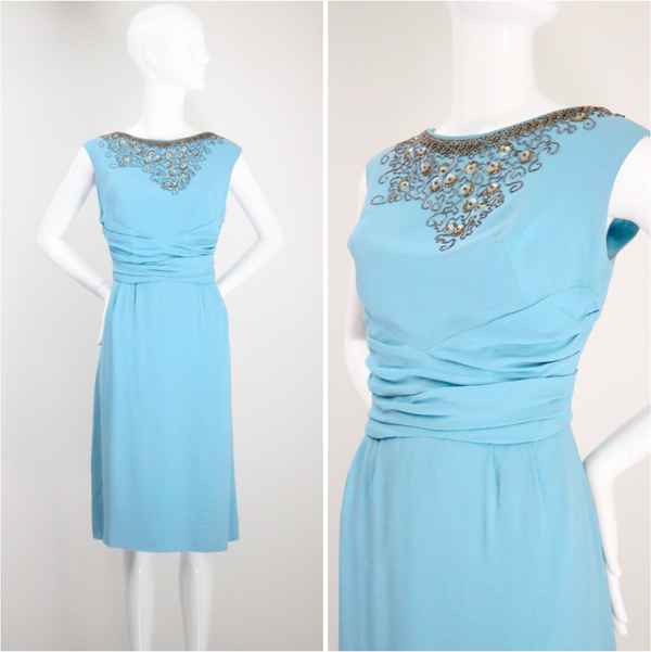 "Sky Blue Pleats" Vintage 1950's Beaded & Pleated Crepe Silk Dress UK 12 US 8
