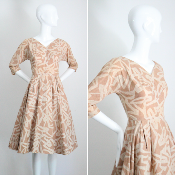 "Abstract Strokes" Vintage 1950's Tan & Cream Abstract Print Cotton Dres UK 6 US 2