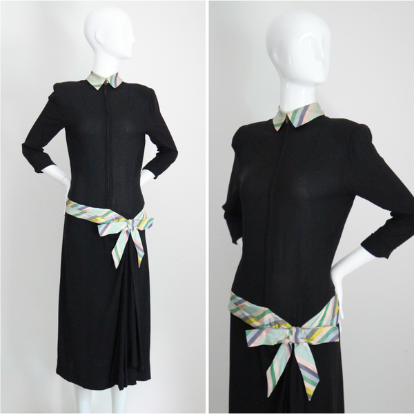 "Pastel Striped Bow" Vintage 1940's Black Crepe Silk & Pastel Striped Dress UK 10 US 6