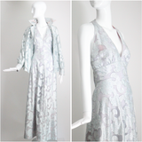 "Dove Blue & Silver Lurex" Vintage 1970's Silver Lurex Evening Gown & Jacket Set UK 12 US 8