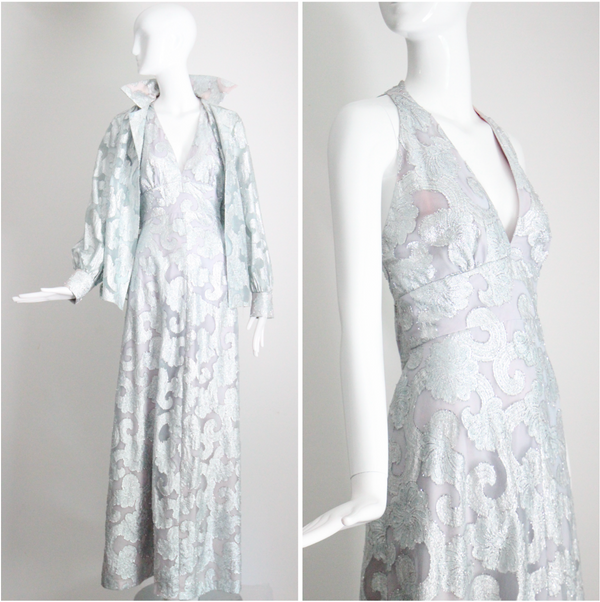 "Dove Blue & Silver Lurex" Vintage 1970's Silver Lurex Evening Gown & Jacket Set UK 12 US 8