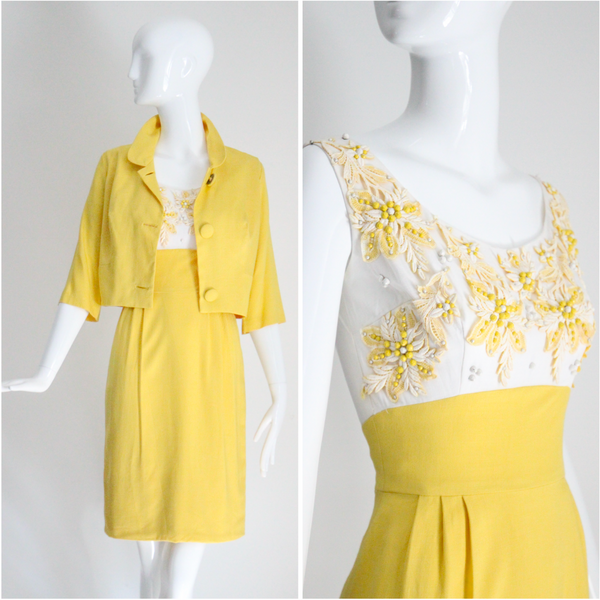"Lisbeth Wolfe" Vintage 1950's Canary Yellow Floral Dress & Jacket Set UK 6 US 2
