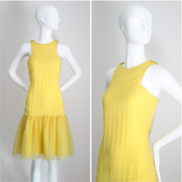 "Sunshine Yellow" Vintage 1960's Yellow Chiffon Drop Waist Dress UK 8 US 4