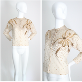 "Golden Bows" Vintage 1950's Cream Bead & Sequin Embellished Cardigan UK 12-14 US 8-10