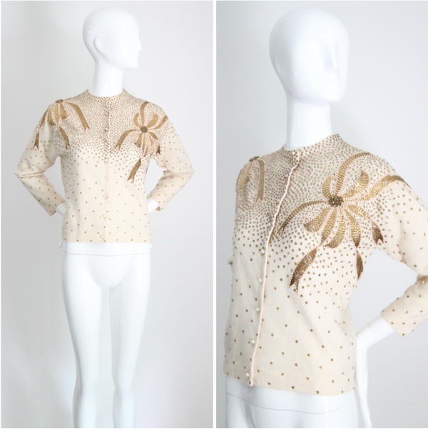 "Golden Bows" Vintage 1950's Cream Bead & Sequin Embellished Cardigan UK 12-14 US 8-10