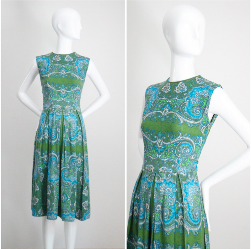 "Aqua Paisley" Vintage 1960's Aqua Paisley Cotton Dress UK 10 US 6