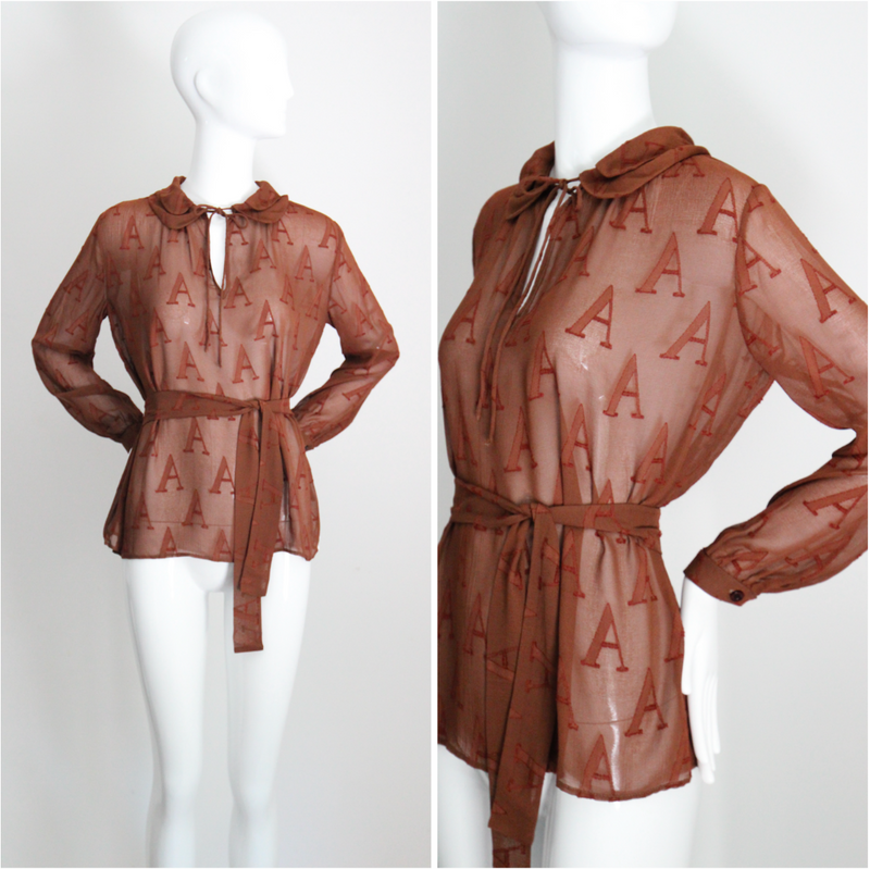 "Initial Silk" Vintage 1930's Silk Initial Print Blouse UK 10-12 US 6-8